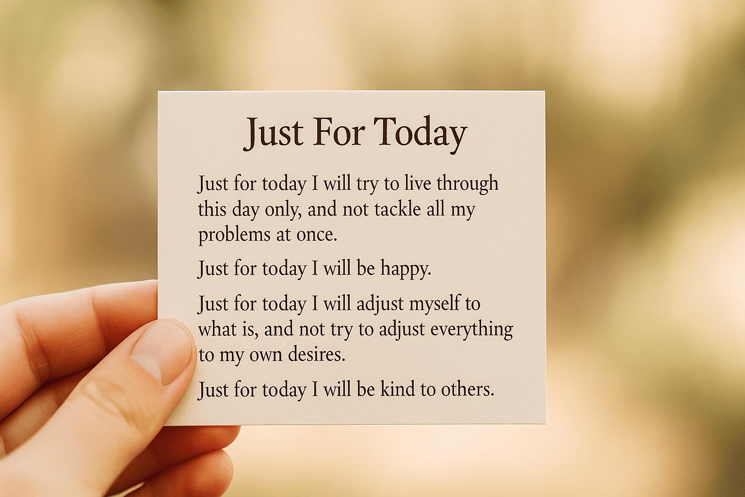 Hand holding a “Just For Today” recovery card with affirmations