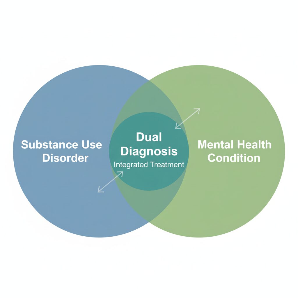 Conceptual image showing the overlap between Substance Use Disorder and Mental Health in dual diagnosis.