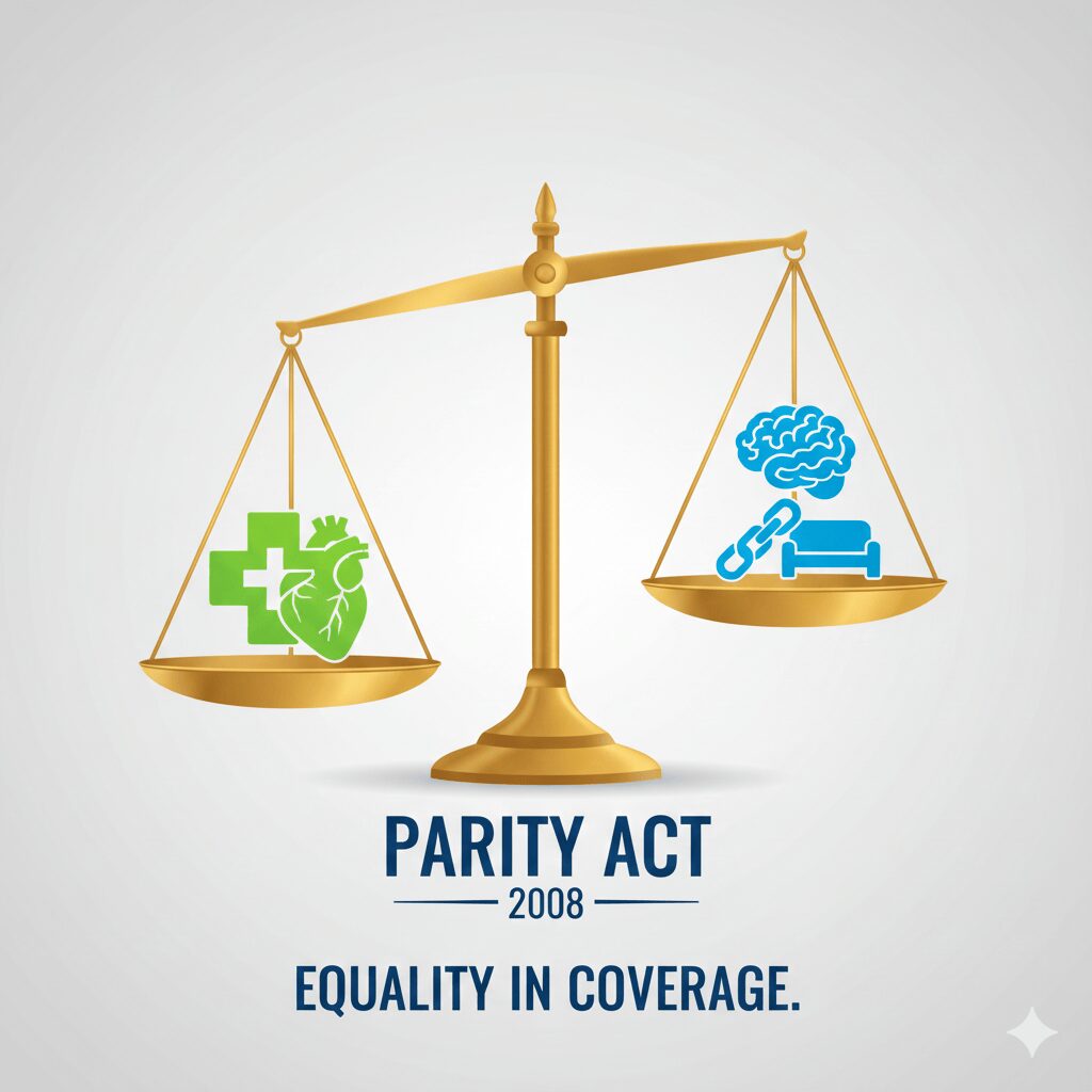Image of balanced scales symbolizing mental health and addiction insurance parity (MHPAEA).